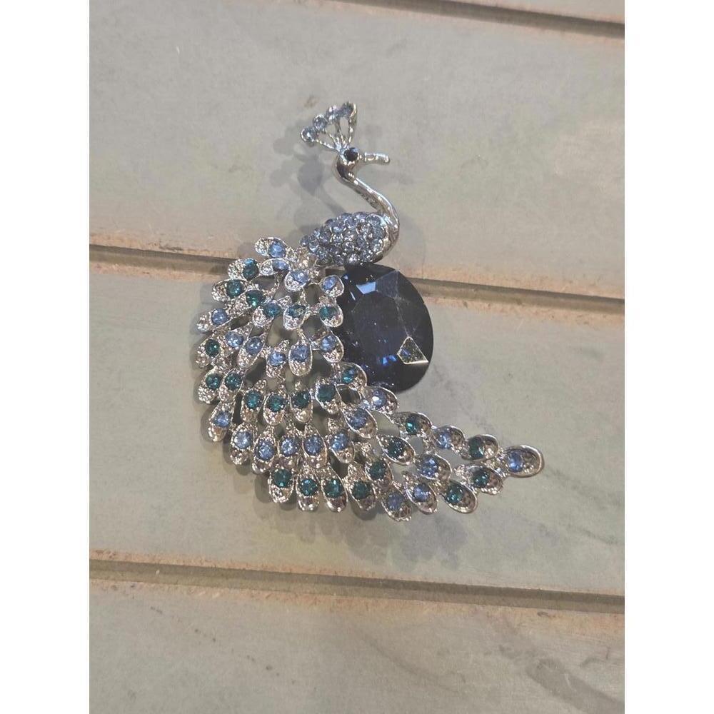 Blue and green beaded rhinestone jeweled peacock brooch